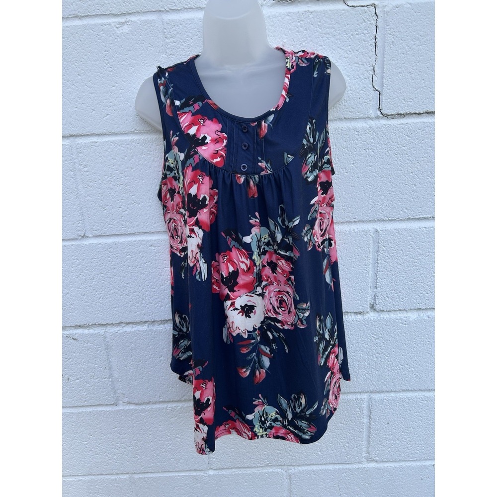 Halife Shirt Women's XL Navy Blue Paisley Floral Sleeveless Stretch Blouse
